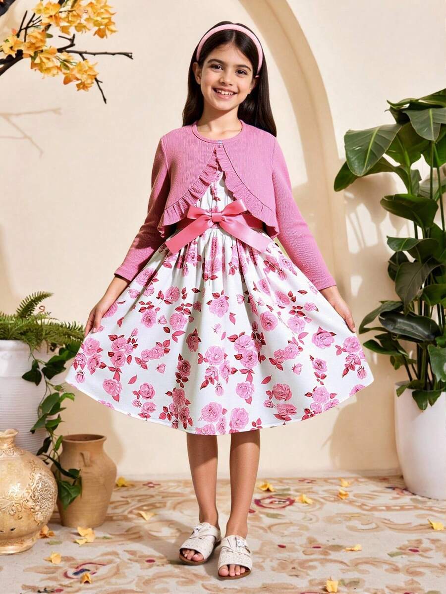Tween Girl Floral Print Dress & Button Up Ruffle Trim Jacket,Holiday,Summer,Travel - Pink - View 1