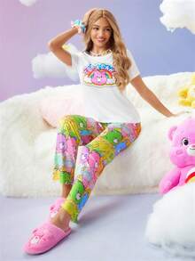 SweetSlumber X Carebears Women's Summer Cute Cartoon Bear Print Top & Pants Pajama Set Cute Pajamas Kawaii Pajamas Care Bear Pajamas Cartoon Pajamas Women - Multicolor - View 7