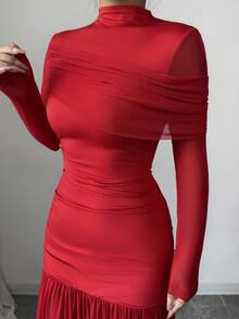 SHEIN Elenzya Váy maxi chữ A xếp ly lưới khoét lỗ hở gợi cảm thời trang thu đông mới, màu đỏ trơn cổ đứng, thích hợp cho tiệc tốt nghiệp, sự kiện ngày lễ, kỳ nghỉ, hẹn hò, Giáng sinh, Halloween - Đỏ - Xem 3