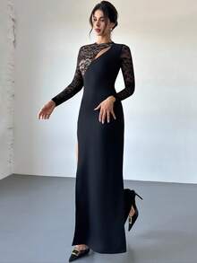 Firerie 女士新款优雅浪漫约会派对鸡尾酒会连衣裙，黑色蕾丝拼接袖圆领开衩长裙，镂空胸围设计长袖修身针织连衣裙，秋冬，返校季 - 黑色 - 查看 7