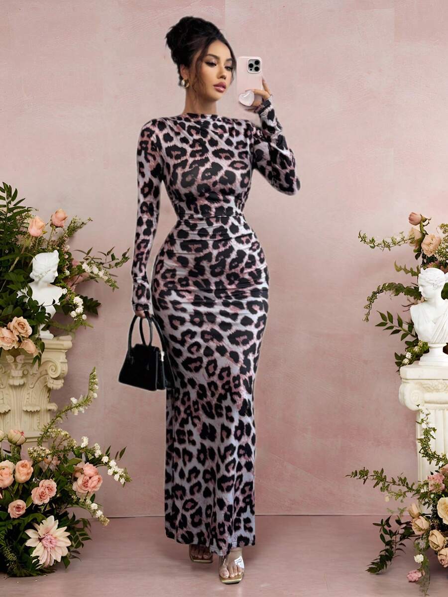 SHEIN Raffinéa Women's Ruched Leopard Print Long Sleeve Bodycon Dress, Commuter Style For Autumn/Winter - Multicolor - View 1