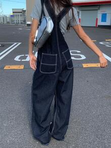 DAZY 女士宽松休闲纯色大口袋牛仔背带裤 Y2k