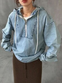 FRIFUL 女士宽松休闲牛仔连帽夹克和外套 - 藍色 - 查看 3