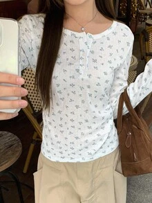 FRIFUL 女式圆领长袖碎花修身休闲领口 T 恤，百搭秋冬 - 彩色 - 查看 4