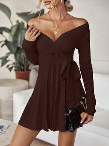 EMERY ROSE Women's Solid Color Wrap Tie Waist Long Sleeve Pleated Hem Casual Knit Dress, Autumn - Coffee Brown - View 3