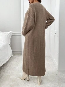 SHEIN 孕妇纯色圆领无袖合身麻花针织毛衣套装 - 卡其色 - 查看 2