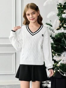 SHEIN Serisse Kids Tween Girl Solid White Wit Black Stripe Detail V-Neck Striped Cable Knit Casual Embroidered Autumn Winter, Back To School, Daily Wear White Cable Knit Sweater Varsity Sweaters White Sweater Teen Girl Tween Sweater Preppy Clothes For Girls Tween Sweaters Aesthetic Preppy Clothes White Sweater Tween, For Autumn Winter ,Preppy Sweater Uniform Girl Sweaters Tween Teen Girl Sweater Tween Girl Sweater - White - View 7