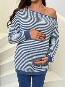 SHEIN 孕妇休闲宽松条纹不对称肩长袖毛衣，秋季