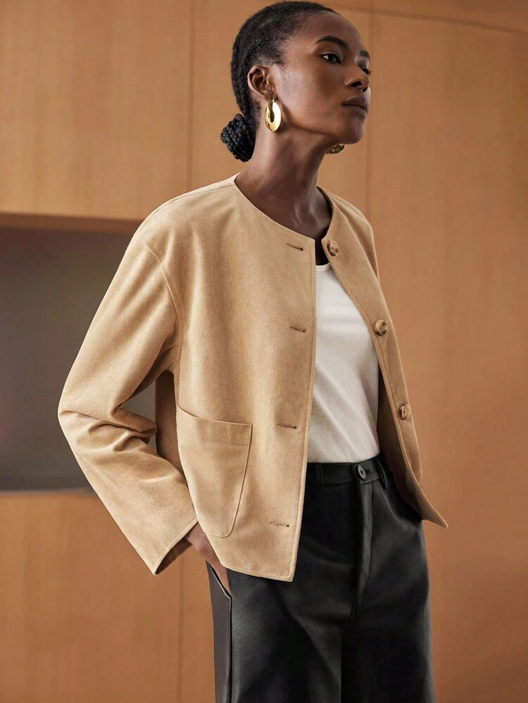 SHEIN Maija Women's Casual Versatile Solid Color Double Pocket Cropped Jacket In Fall/Winter