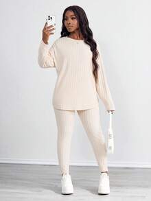 SHEIN PETITE CURVE Bộ 2 áo dài tay màu trơn cỡ lớn và quần dài - Màu be - Xem 6