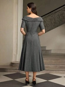 ZEYLAH Váy Maxi xòe trễ vai, eo cao, thanh lịch - Xám - Xem 3