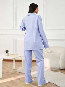 EURMUSE 2 Unids/set Traje De Camisa Y Pantalón De Tela Texturizada De Color Sólido - Celeste - Ver 2