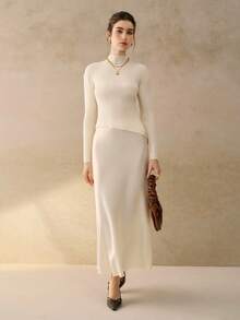 Cévolie 优雅不对称下摆针织长袖，秋冬 - 杏色 - 查看 5