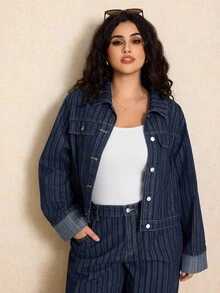 Elaquor 加大码深蓝色长袖宽松牛仔外套。精致牛仔提花面料，袖口卷边。适合秋季休闲外套。 - 深色水洗藍 - 查看 5