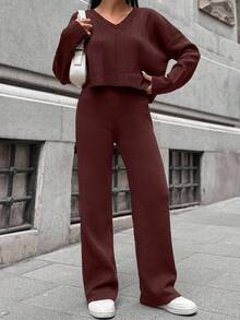 EURMUSE Cotton Women's Simple Solid Color Wide Ribbed Knit Two Pieces Set For Daily Wear - Brown - View 1