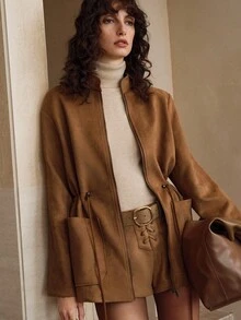 EMERY ROSE Women's Suede Fleece Fabric Stand Collar Waist Drawstring Design Daily Exquisite Commuter Jacket Regular Coat Fall Clothes For Women Winter Clothes Women's Winter Jacket - Coffee Brown - View 1