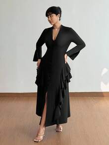 Viva Relle Váy maxi dài màu trơn cổ chữ V xếp nếp nhiều lớp cài nút thanh lịch, thiết kế tinh tế, không thể thiếu cho trang phục dự tiệc & sang trọng, cỡ lớn, thu/đông - màu đen - Xem 2