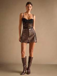 SHEIN BAE Váy mini thời trang túi hộp da PU cho nữ mùa thu, váy da giả đã giặt, da PU, váy da PU họa tiết loang lổ cho nữ - Màu Khaki - Xem 8