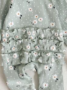 SHEIN Bộ đồ liền thân dài tay vải gân họa tiết hoa cổ tròn có khóa kéo phía trước dành cho bé gái, mùa thu/đông - màu xanh lá - Xem 4