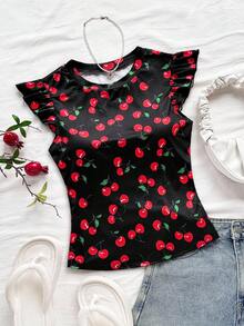 Soleia WYWH Vacation Ruffle Trim Ribbed White Knit Tee - Black - View 1