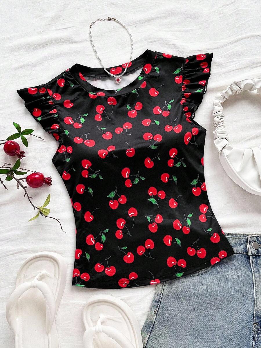 Soleia WYWH Vacation Ruffle Trim Ribbed White Knit Tee - Black - View 1