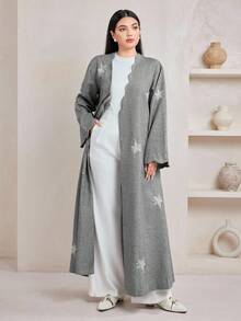 Veilorie Floral Embroidered Wavy Hem Loose Comfortable Arabic Abaya Cover Up - Grey - View 3