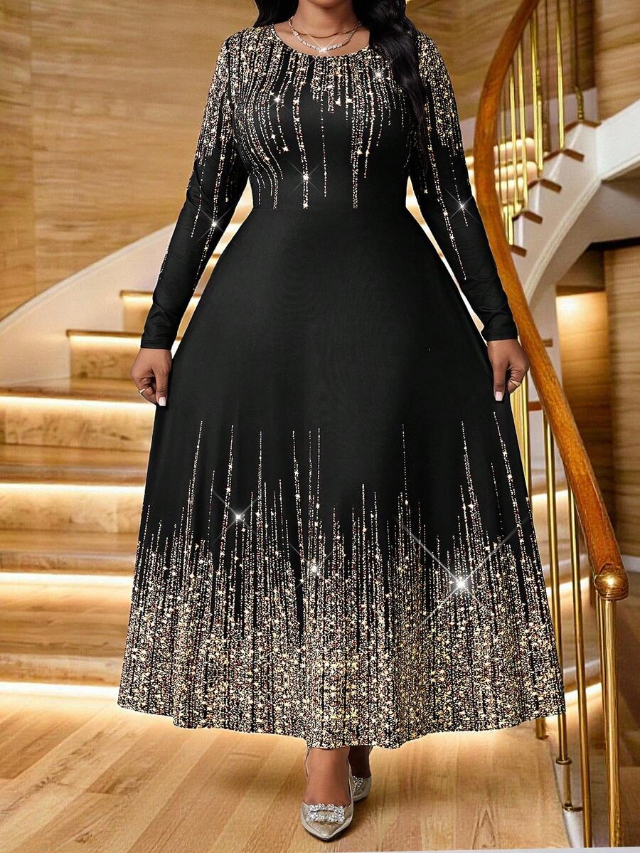 SHEIN Lady Black Autumn Elegant Formal Dinner Evening Plus Size Dress For Women,Flared Long Sleeve Crew Neck Party Wedding Guest Cocktail Dress,Halloween Outfits - Multicolor - View 1