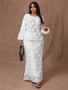 Rustia Bộ 2 áo tay dài họa tiết hoa hồng 3D cho nữ + chân váy ôm sát - Màu be - Xem 5