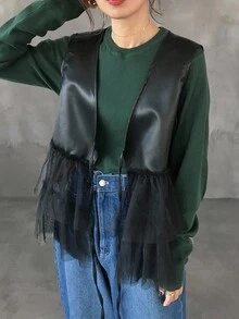 FRIFUL Women's PU Contrast Mesh Loose Layered Bowknot Front Jacket, Autumn Leather Jacket - Black - View 3