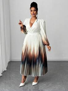 Maweii Đầm midi bodycon xếp ly cổ chữ V tay dài màu ombre thanh lịch dành cho nữ cỡ lớn, mùa xuân/thu - Nhiều màu - Xem 2
