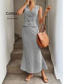 Easowa Bộ 2 món áo sơ mi không tay cổ chữ V cài nút phía trước và chân váy đuôi cá ôm sát, trang phục đi nghỉ thanh lịch, mùa xuân/hè, vải cotton dệt sọc - Đen và trắng - Xem 2