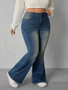 SHEIN ICON Quần jeans ống loe eo thon cổ điển cỡ lớn thời trang mùa hè cho nữ - Rửa tối - Xem 2