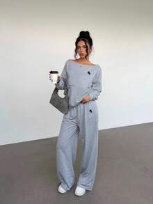 Aloruh 2 Potong Setelan Sweatshirt Wanita Kasual, Olahraga, Gaya Kuliah dengan Cetakan Logo Kuda Kecil, Cocok untuk Musim Kembali ke Sekolah, Musim Gugur/Musim Dingin. - Grey - View 8