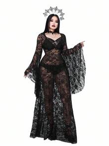 Whyspr 大码连衣裙大码秋冬女装甜心领方领泡泡袖短袖透视性感玫瑰蕾丝紧身A字拼接长裙哥特连衣裙万圣节哥特朋克 - 黑色 - 查看 3