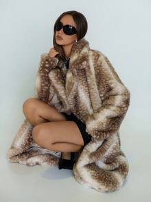 SHEIN ICON Long Loose Faux Fur Coat With Fawn Pattern Women Faux Fur Coats In Fall/Winter - Brown - View 4