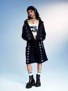 Sugerpunk 女士时尚休闲派对舒适透气踝靴，哥特风双带金属扣后拉链，黑色朋克粗跟踝靴 - 黑色 - 查看 2