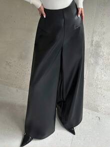 Firerie 女士新款优雅休闲百搭高腰宽松阔腿裤，黑色 PU 皮革，适合日常通勤、秋冬、机场、教师和办公室穿着 - 黑色 - 查看 3