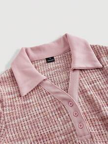 SHEIN MOD Váy dài vừa phải, tay ngắn, chất liệu vải tuýt kẻ caro có cổ - Hồng - Xem 3