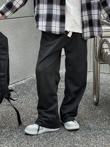 SHEIN Mirajuku Tween Boys' Casual Drawstring Waist Loose Wide Leg Pants, Suitable For Leisure And Commute Wear - Black - View 5