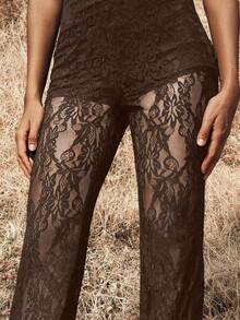 Opulessa Vacation Knit Lace High Waist Flare Pants For Women, See Through Pants, Elegant Style,Sxy, Night Out, Going Out, Halloween Costumes,Fall Winter - Coffee Brown - View 3