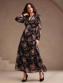 Anewsta 女式优雅花卉印花长袖V领荷叶边修腰超长连衣裙 - 黑色 - 查看 4