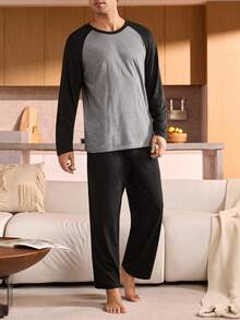 Manfinity Underwear&Sleepwear Basics Plus Size Men's Contrast Color Patchwork Long Sleeve Pajama Set, Fall Clothes - Grey - View 4