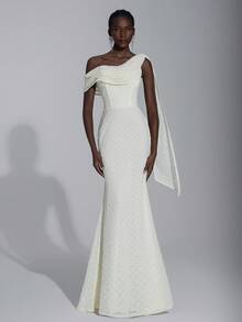 Elitara Váy maxi dài cổ khoét sâu họa tiết jacquard màu mơ thanh lịch, viền bèo nhún bất đối xứng, thích hợp mặc mùa xuân/hè, đi biển, đi làm, đi nghỉ, bãi biển, phong cách Boho, Hawaii, hẹn hò, tiệc tùng, hòa nhạc, đám cưới, tốt nghiệp, bó sát, trang phục câu lạc bộ, gợi cảm cho nữ - Màu be - Xem 1