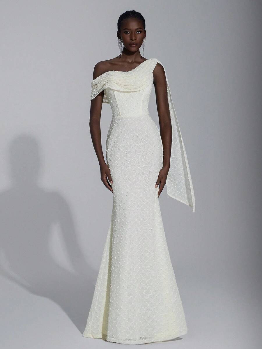 Elitara Váy maxi dài cổ khoét sâu họa tiết jacquard màu mơ thanh lịch, viền bèo nhún bất đối xứng, thích hợp mặc mùa xuân/hè, đi biển, đi làm, đi nghỉ, bãi biển, phong cách Boho, Hawaii, hẹn hò, tiệc tùng, hòa nhạc, đám cưới, tốt nghiệp, bó sát, trang phục câu lạc bộ, gợi cảm cho nữ - Màu be - Xem 1