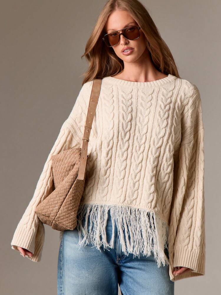 Cable Knit Fringe Hem Oversized Sweater