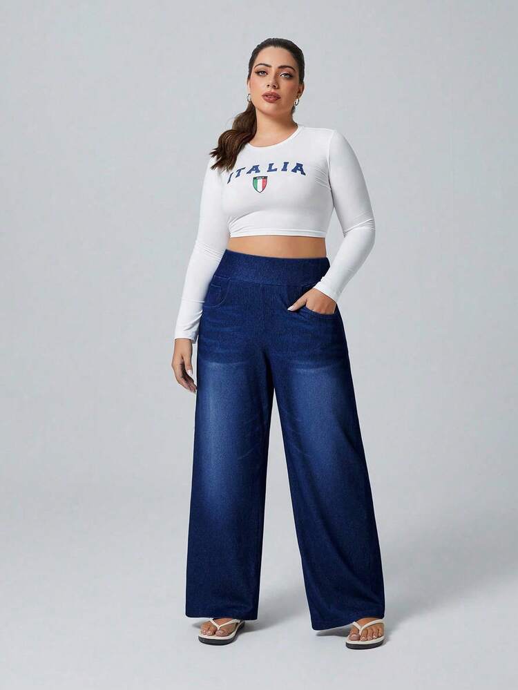 Flexra Jeans novio de pierna ancha de punto con alta elasticidad, talla grande - Azul lavado oscuro - Añade 7