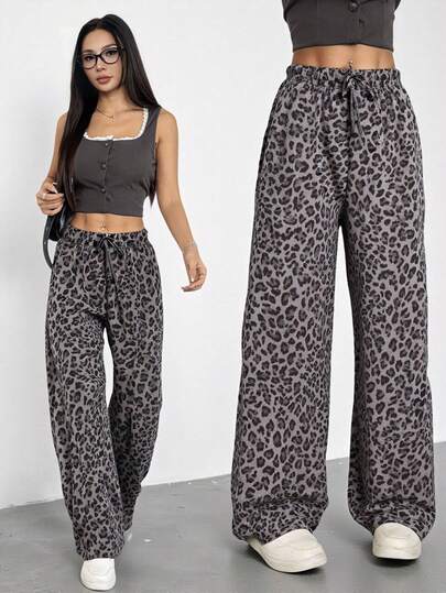 Sparklyn Teen Girls' Leopard Print Tie Waist Wide Leg Loose Casual Pants Fall Winter