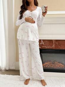 SHEIN 2件套孕妇舒适蝴蝶结印花V领上衣和裤子套装 - 彩色 - 查看 5