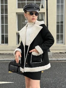 SHEIN 青少年女孩翻领长袖纽扣前开休闲百搭冬季羊毛夹克