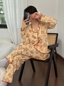 SHEIN Christmas Theme Snowflake Gingerbread Man Print Long Sleeve Top & Pants Casual Women Pajama Set, Fall Winter Clothes - Yellow - View 5